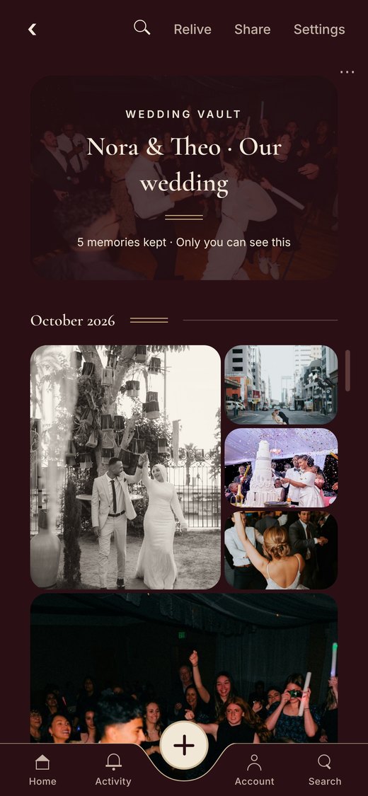 The Evaré app showing a wedding vault with guests’ photos